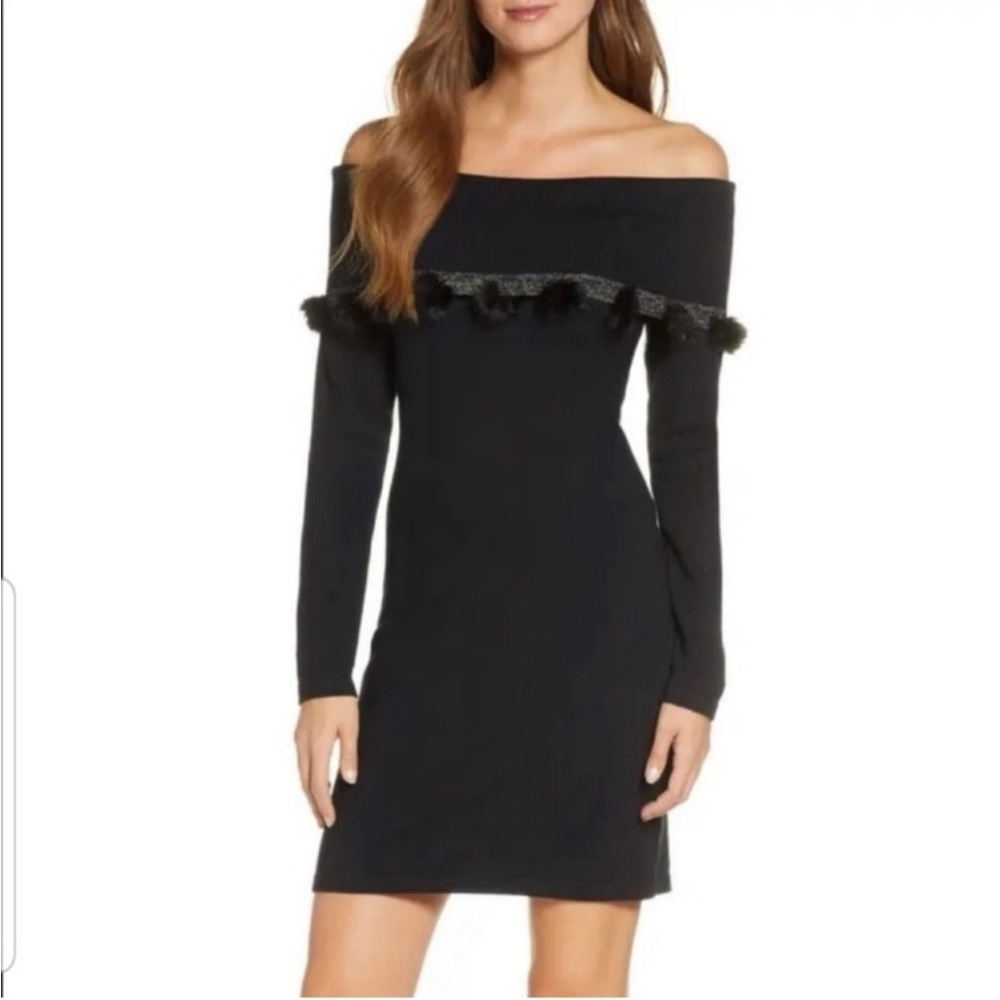Lilly Pulitzer Dunham Off Shoulder Black Pom Pom Long Sleeve Knit Sweater Dress